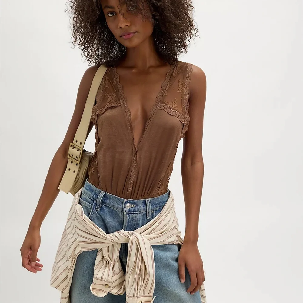 FREE PEOPLE Intimidately Tell Me More Bodysuit XS Brown Lace Boho NWT - Picture 1 of 5